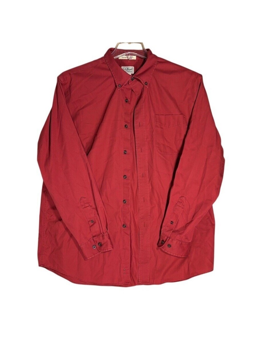 L.L.Bean Button-Up Shirt Men's Size L Red Solid Long Sleeve Wrinkle